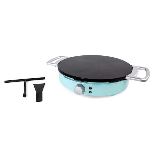 Nostalgia 12 in. Blue Aluminum Non-Stick Spinning Crepe Pan with Spreader and Spatula