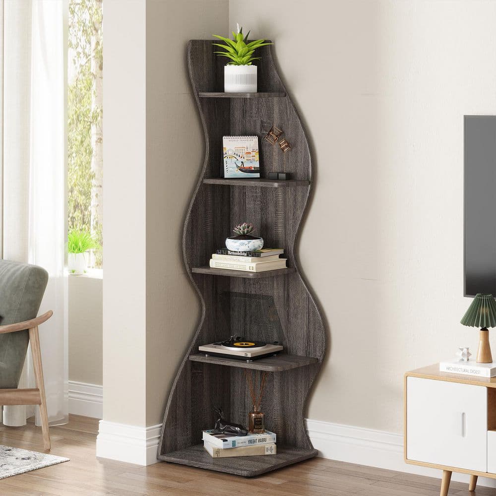 Eulas 69.8 in. Tall Gray Engineered Wood 5-Shelf Standard Bookcase Corner Shelf with Storage price history on PriceWatchPro