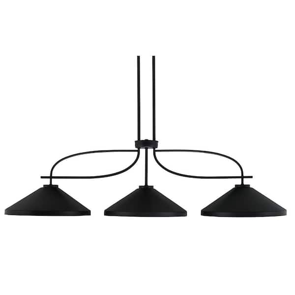 Olympia 3-Light Matte Black Billiard Light with 7 in. Matte Black Cone Metal Shades, no blulbs included