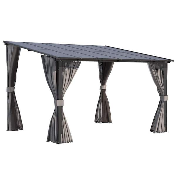AECOJOY 12 ft. x 10 ft. Outdoor Hard Top Gazebo for Patio, Small Wall-Mounted Lean to Pergola with Curtains and Netting