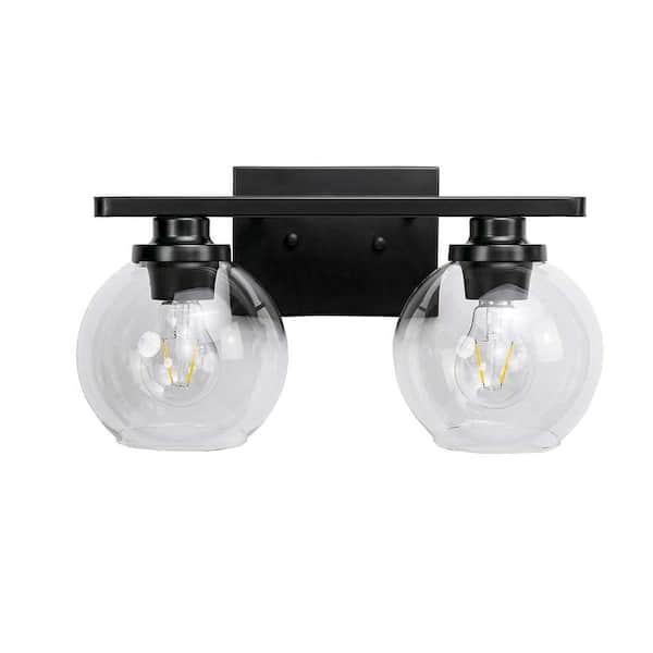 16 in. 2-Light Industrial Matte Black Bathroom Vanity Light, Open Globe Clear Glass Wall Sconce