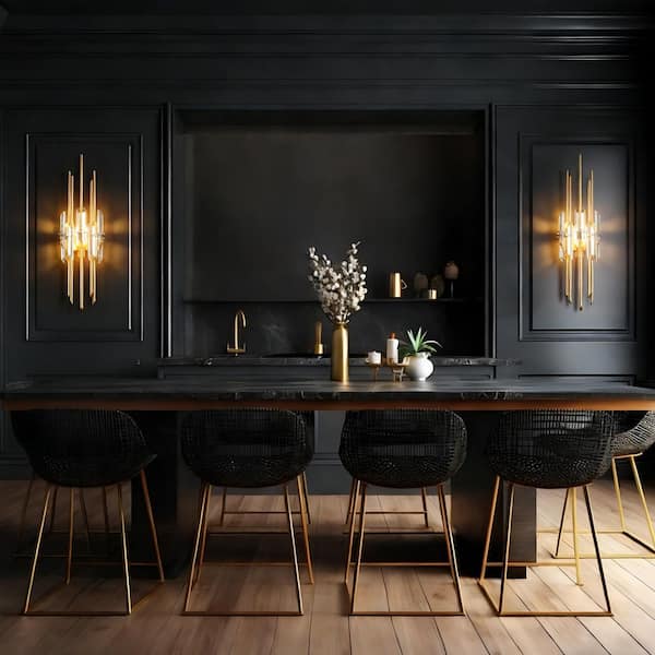 Modern Crystal 1-Light Plating Brass Linear Wall Sconce with Metallic Strips for Hallways Living Rooms Feature Walls