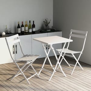 3-Piece Metal Patio Bistro Set of Foldable Square Table and Chairs, White