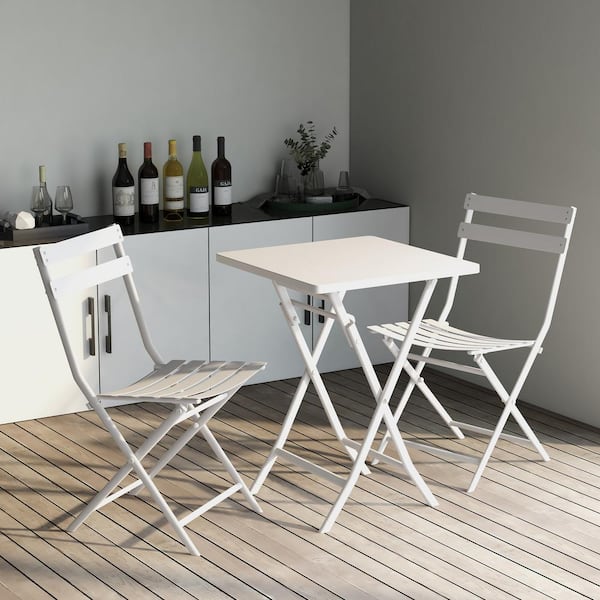 Sudzendf 3-Piece Metal Patio Bistro Set of Foldable Square Table and Chairs, White