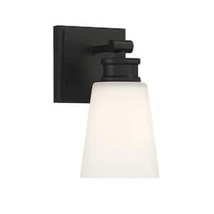 5 in. W x 9.5 in. H 1-Light Matte Black Wall Sconce with a White Frosted Glass Shade