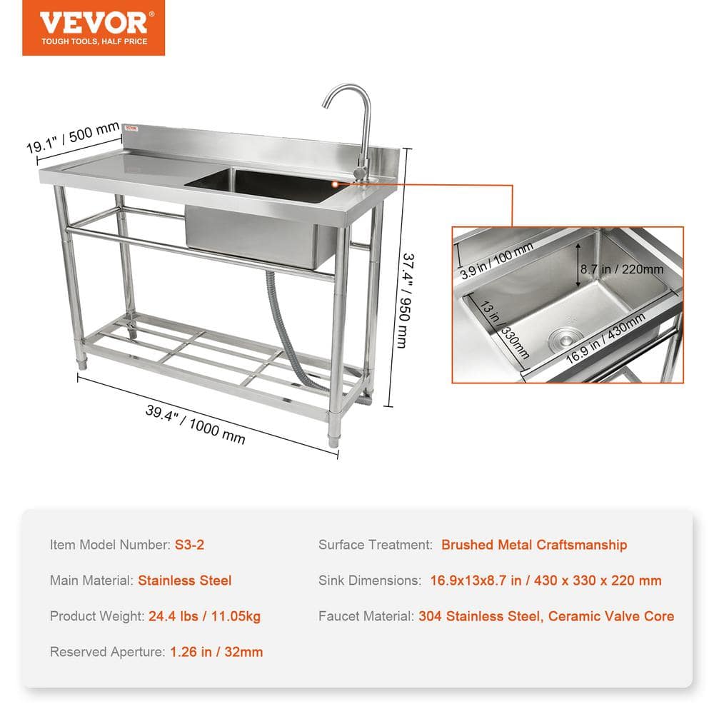 Stainless Steel Freestanding Utility Sink with Faucet and Workbench