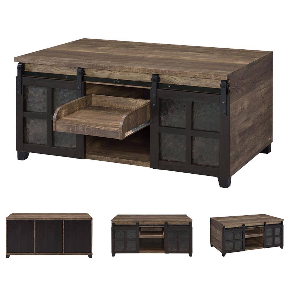 Rustic Oak and Black Rectangular Wood Glass Coffee Table with Storage