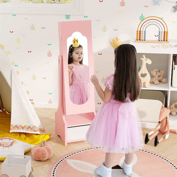Kids Vanity Set Princess Makeup Dressing Table and Chair Set with Jewelry Armoire Pink