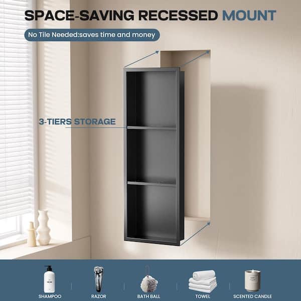 12 in. W x 36 in. H x 4 in. D Waterproof Recessed Shower Niche with Double Shelves in Matte Black, No Tile Needed