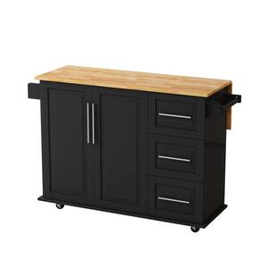Black Wood Top 43.31 in. Kitchen Island Cart with 2-Door Cabinet and 3 Drawers