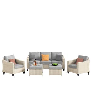 Oconee Beige 5-Piece Beautiful Outdoor Patio Conversation Sofa Seating Set with Dark Grey Cushions