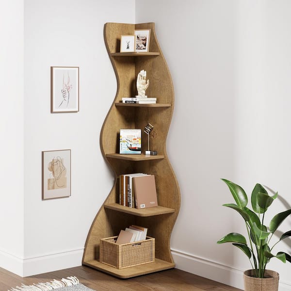 Eulas 69.8 in. Tall Light Brown Engineered Wood 5-Shelf Standard Bookcase Corner Shelf with Storage