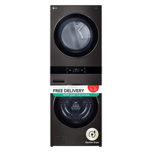 WashTower Stacked SMART Laundry Center 5.0 Cu.Ft. Front Load Washer & 7.4 Cu.Ft. Electric Dryer in Black Steel w/ Steam