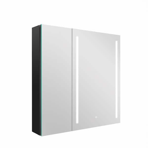 Unbranded 30 in. W x 30 in. H Dimmer Black Aluminum Surface Mount Double Door LED Bathroom Medicine Cabinet with Mirror