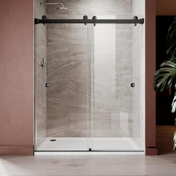 UNIKOO UKD01 56 to 60 in. W x 76 in. H Double Sliding Frameless Shower Door in Matte Black, Enduro Shield 3/8 in. Clear Glass