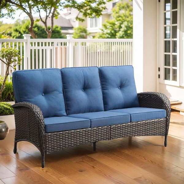 Gymojoy Carlos Brown Wicker Outdoor Couch with Blue Cushions