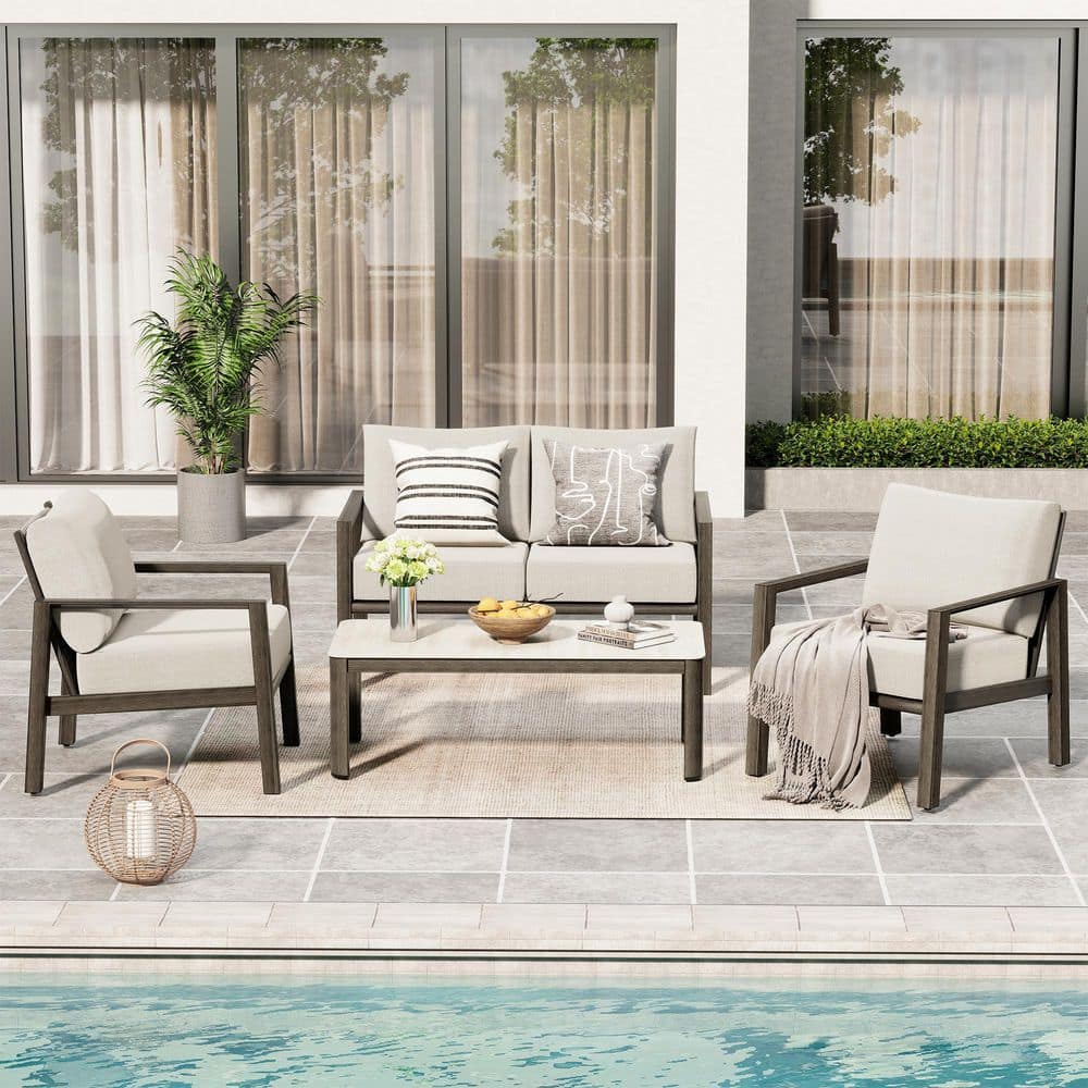 Nest Luxe 4-Piece Brown Aluminum Patio Conversation Set with Sunbrella Light Gray Cushions Coffee Table price history on PriceWatchPro