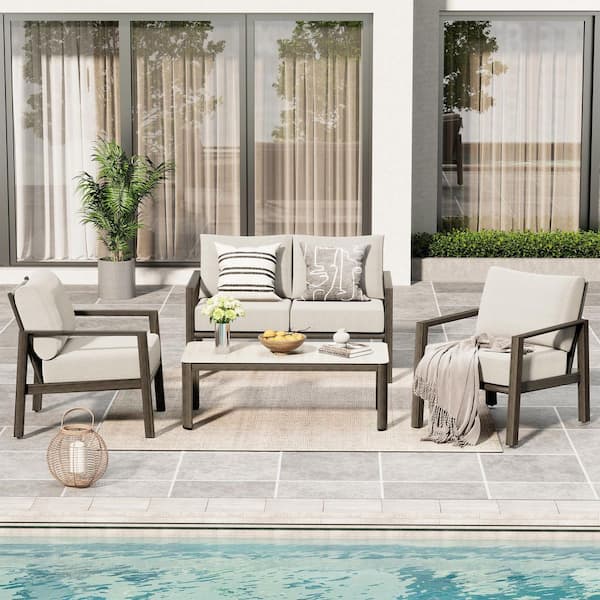 Nest Luxe 4-Piece Brown Aluminum Patio Conversation Set with Sunbrella Light Gray Cushions Coffee Table