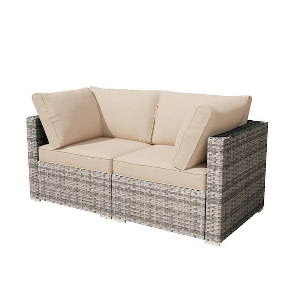 RusticRetreat 2 Pieces Wicker Outdoor Patio Conversation Corner Sofa Set with Beige Cushions