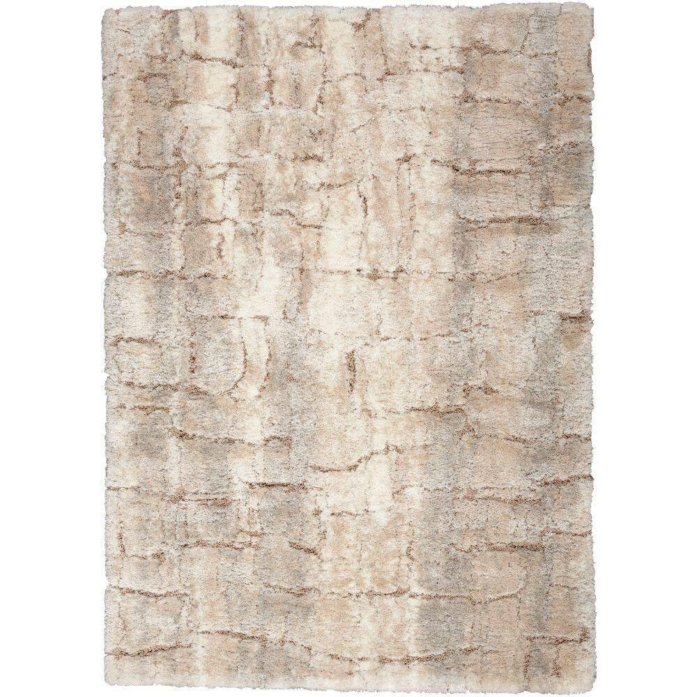 Ivory Beige Abstract Shag 5' x 7' Synthetic Area Rug