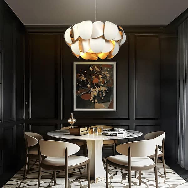 8-Light White Tiered Chandelier with Curved Oval Metal Panels and Gold Interior, Bulbs not Included