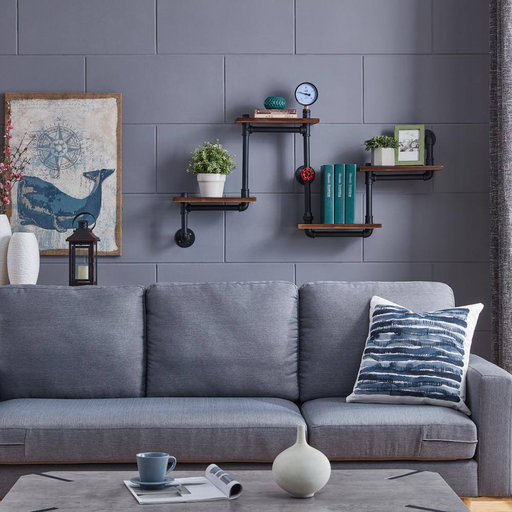 Industrial Chic 26" Black Iron and Wood Wall Shelving Unit