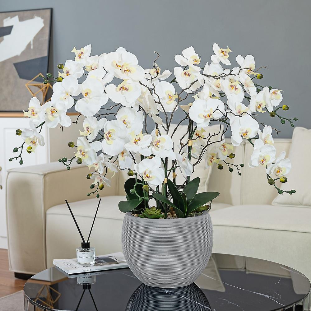 Gray Potted Faux Orchid Floral Arrangement for Outdoor Tabletop