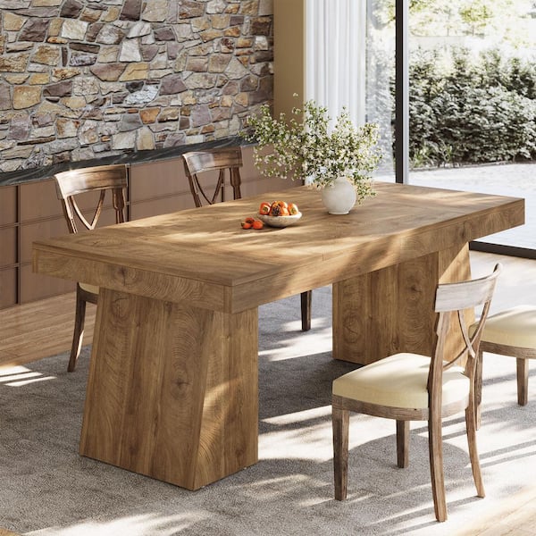 Moronia 55-Inch Light Brown Rectangular Wood Double Pedestal Dining Table Seats 4