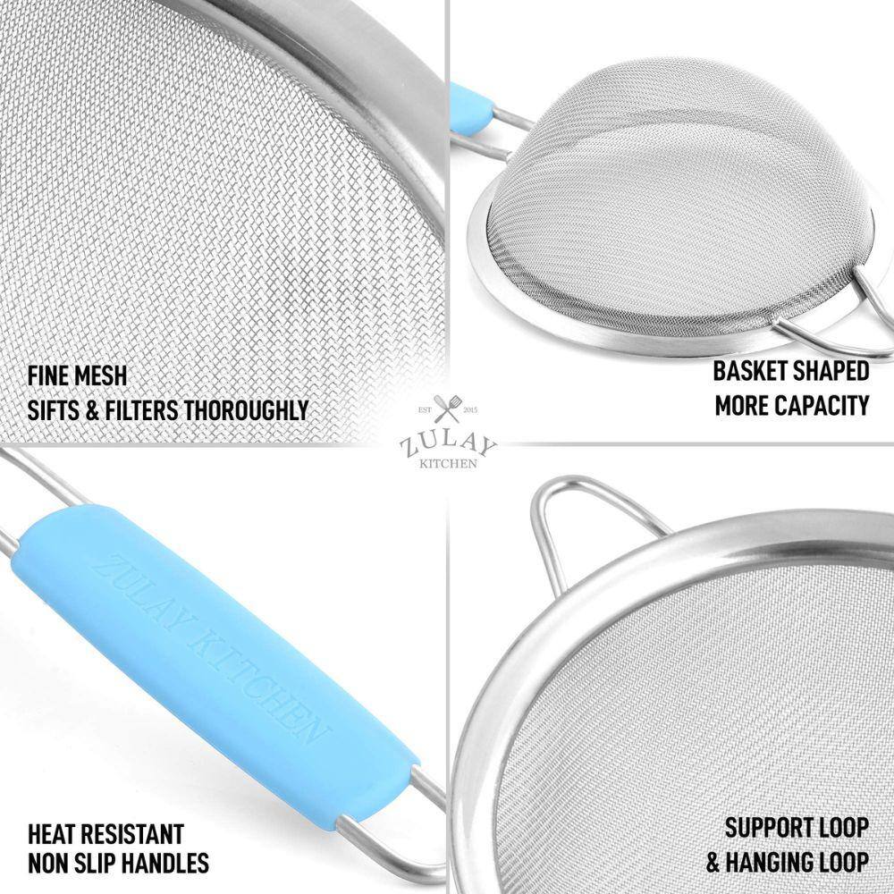 Blue Stainless Steel Mesh Strainer Set with Non-Slip Handles
