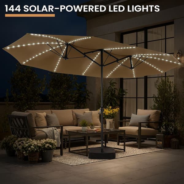 7ft patio umbrella with solar lights Pellebant 15 ft. Patio Solar Market Umbrella Double-Sided Twin Outdoor Umbrella with Base and Solar LED Lights in Tan