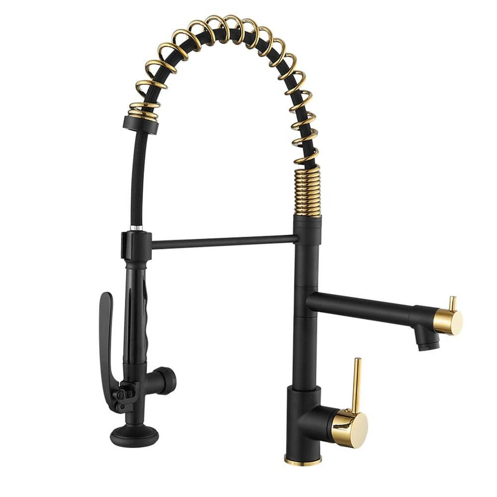 Single Handle Pull Down Sprayer Kitchen Faucet with Spray 1-Hole Kitchen Sink Taps in Matte Black and Polished Gold -  AIMADI, KI-0108-MB&PG