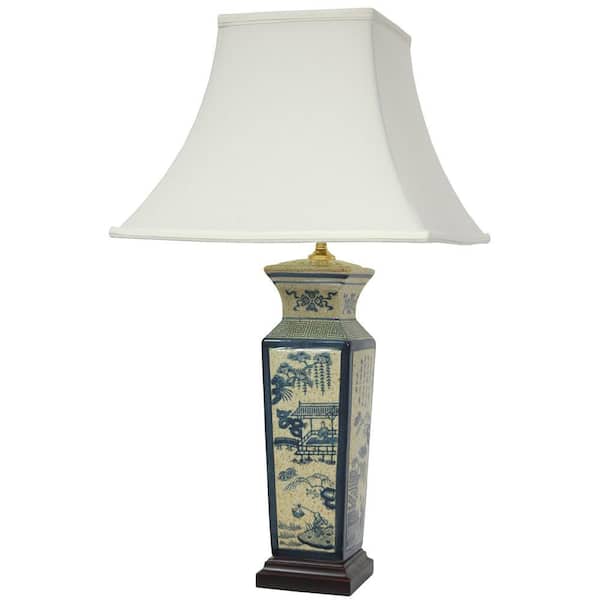 26 in. x 14 in. Blue Landscape Porcelain Lamp