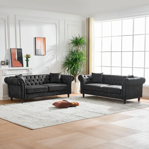 Seeds 2-Piece 83.25 in. Rolled Arm Fabric Rectangle 3+3 Seater Sofa in. Black with Nailhead Trim, Pillows