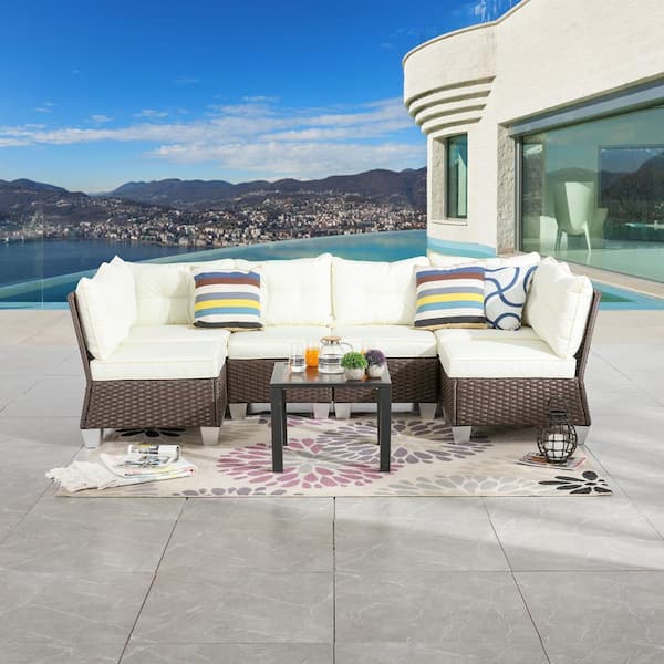 Patio Festival 7-Piece Wicker Patio Conversation Set with Beige Cushions