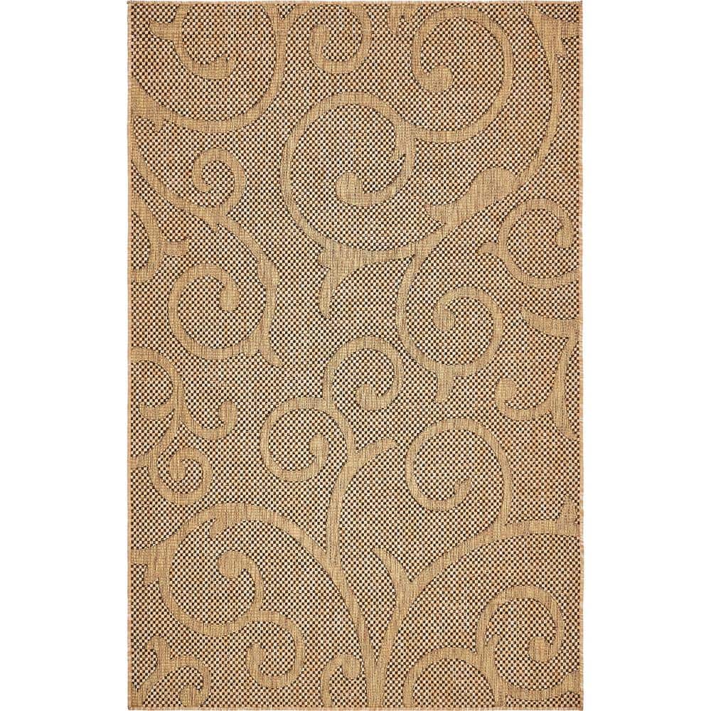 Transitional Easy Care 5' x 8' Light Brown Floral Outdoor Rug