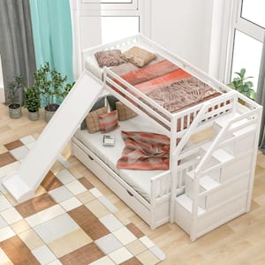 White Twin over Full Bunk Bed with Drawers, Storage and Slide, Multifunction