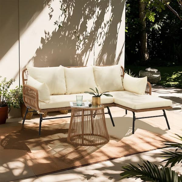 Bezseller 3-Piece Wicker Patio Conversation Set with Beige Cushions, Rattan Furniture Set with Coffee Table