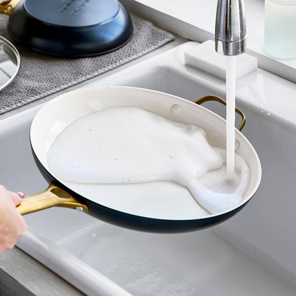 Twilight Blue Ceramic Nonstick 12" Frypan with Gold Handle and Lid