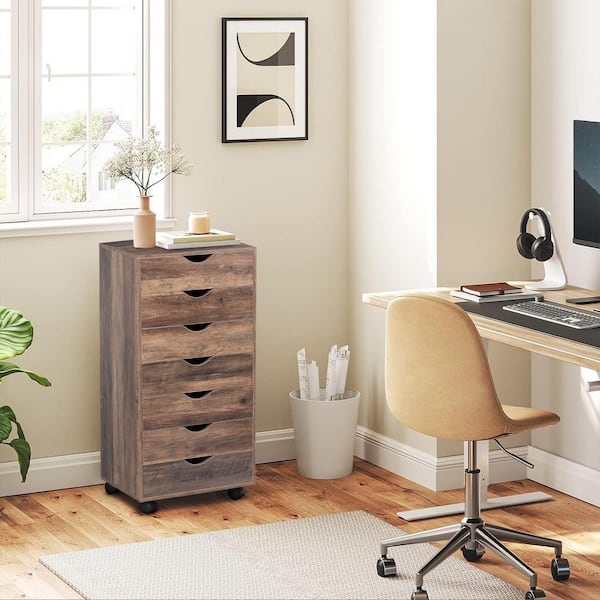 HOMESTOCK 7-Drawer Brown Oak Wood 18.9 in. W Vertical Storage Dresser with Wheels Makeup Dresser File Cabinet