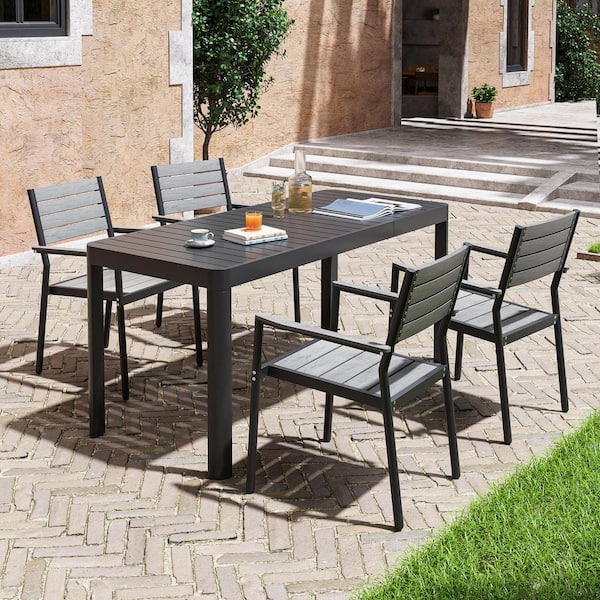 5-Piece Aluminum Patio Outdoor Dining Set Rectangle Extendable Table and Arms Stacking Wood-Like Chairs, Gray