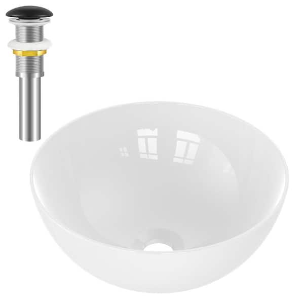 yulika Round Sink 14 in . Bathroom Sink Ceramic Vessel Sink with Pop-Up Drain in White and Black