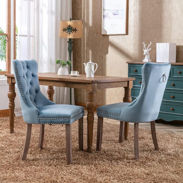 Nexa Light Blue Upholstered Tufted Velvet Dining Chairs with Nail Head Trim, Rubberwood Legs and Frame, Set of 2