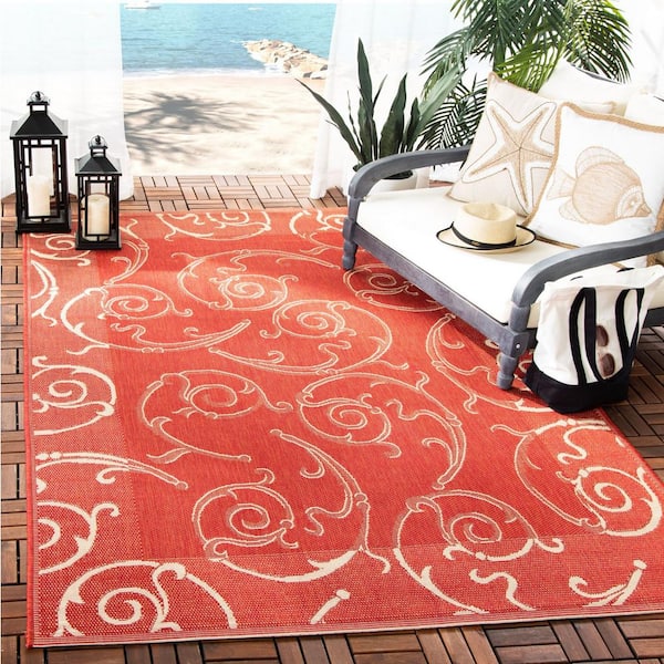 Courtyard Red/Natural 8 ft. x 8 ft. Square Border Indoor/Outdoor Patio  Area Rug