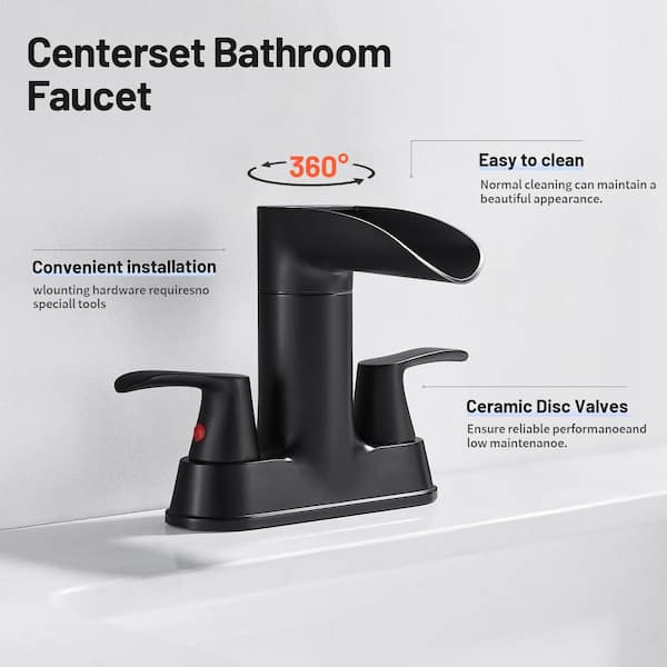 Rotatable 4 in. Centerset Double Bathroom Faucet with Drain kit Included Waterfall Lavatory in Matte Black