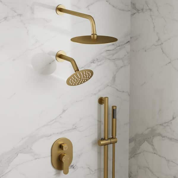 GRANDJOY 3 in 1 Showers with Valve 3-Spray Dual Wall Mount 10 in. Fixed and Handheld Shower Head 2.5 GPM in Brushed Gold