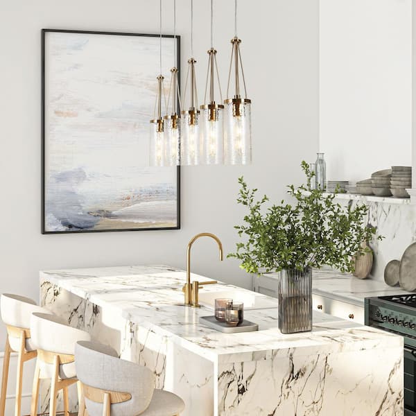 Modern Brass Island Linear Chandelier 5-Light Drum Cylinder High Ceiling Light with Hammered Glass Shades for Kitchen