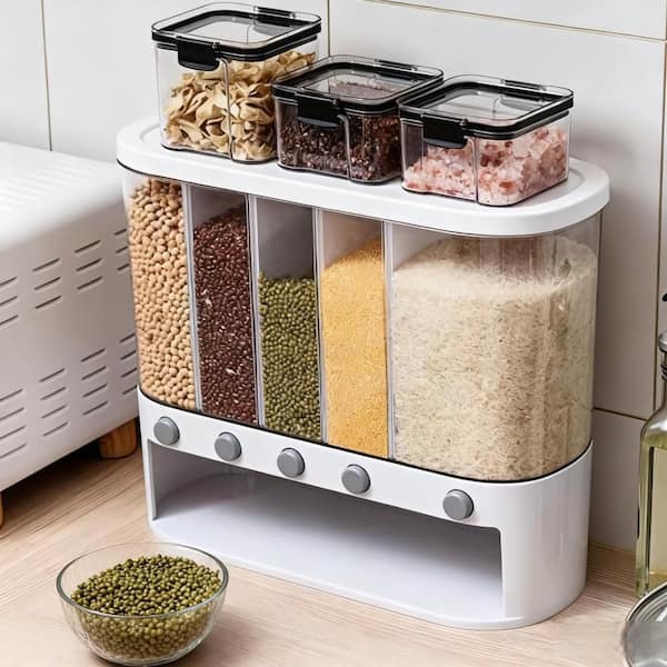 1-Piece Rectangular Wall mounted 5 Grid Dry Food Dispenser with Measuring Cup, 22 lb. Maximum capacity