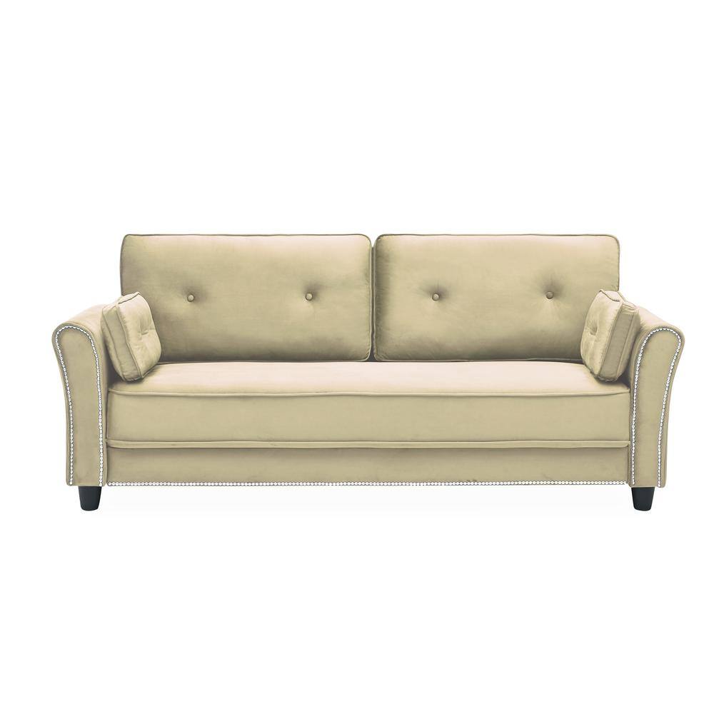 79.9 in. Rolled Arms Velvet Fabric with 3-Seater and 2-Pillows Straight Sofa in Light Beige