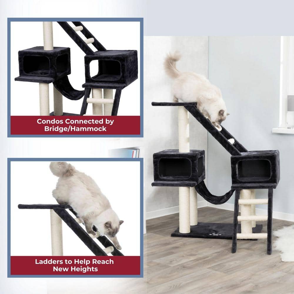 Dark Gray Sisal 3-Level Cat Tree with Condos and Ladders