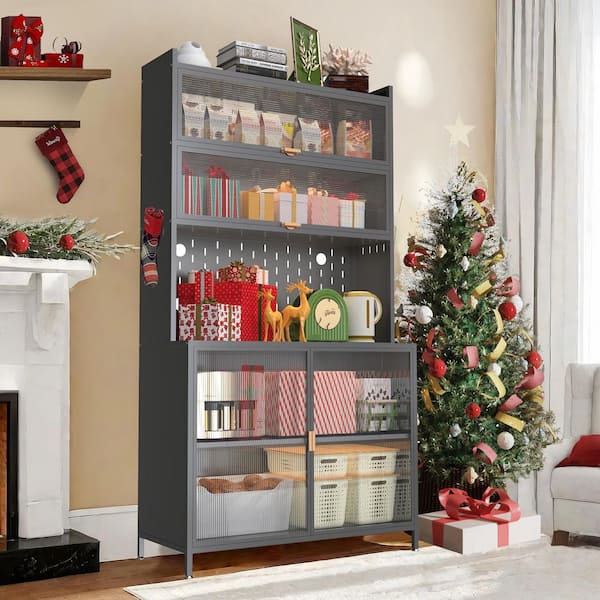 Tenleaf 73 in. Tall Gray Metal Kitchen Pantry Cabinet Sideboard with Adjustable Shelves, Hooks and Cutlery Storage Boxes